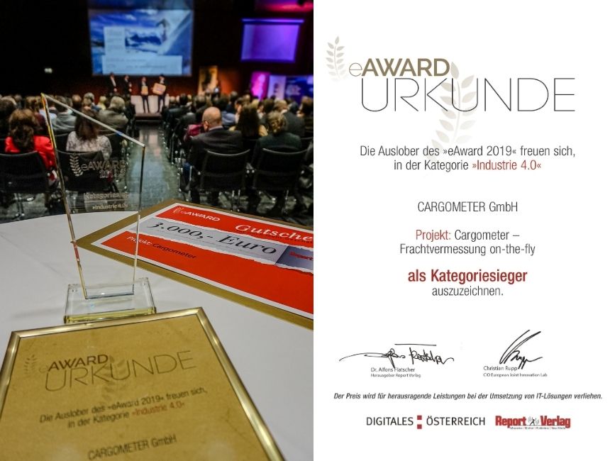 eAward 2019 Urkunde und Trophäe für CARGOMETER in der Kategorie Industrie 4.0.